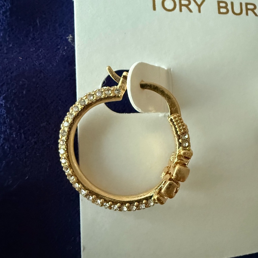 TORY BURCH Eleanor Pavé Crystal Gold Plated Hoop Earrings. - Picture 3 of 5